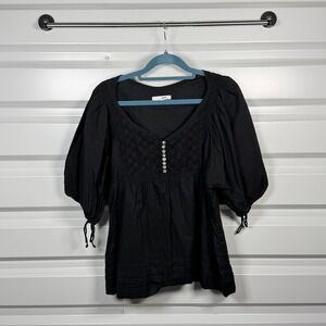 Yank Womens Black Cotton Eyelet Lace Puff Sleeve Boho Peplum Blouse M AZ4284I